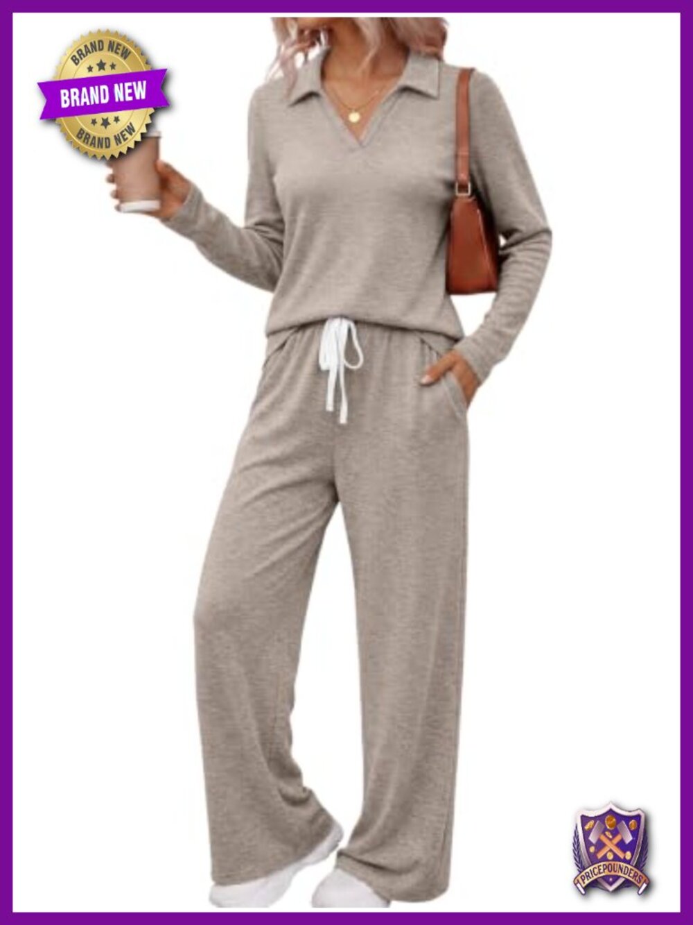 Women's 2 Piece Lounge Set Long Sleeve Polo Top Wide Leg Pants Casual